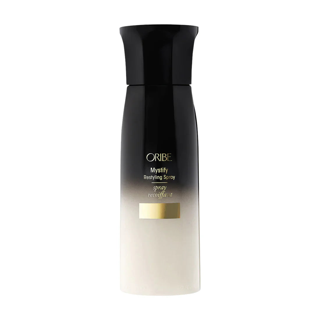 Oribe Mystify Restyling Spray bottle in signature black and white packaging.