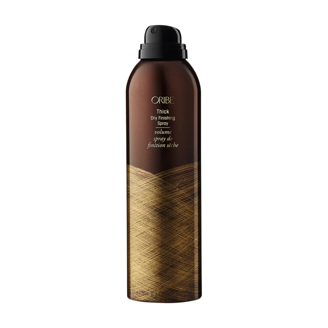Oribe Thick Dry Finishing Spray in a metallic brown and gold bottle for hair volume and texture.