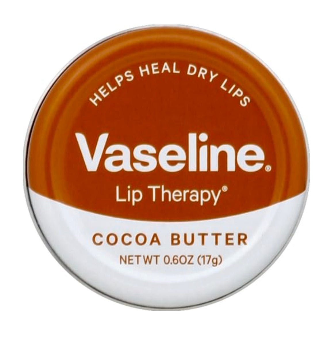 A 0.6oz tin of Vaseline Lip Therapy Cocoa Butter petroleum jelly balm in brown and white packaging.
