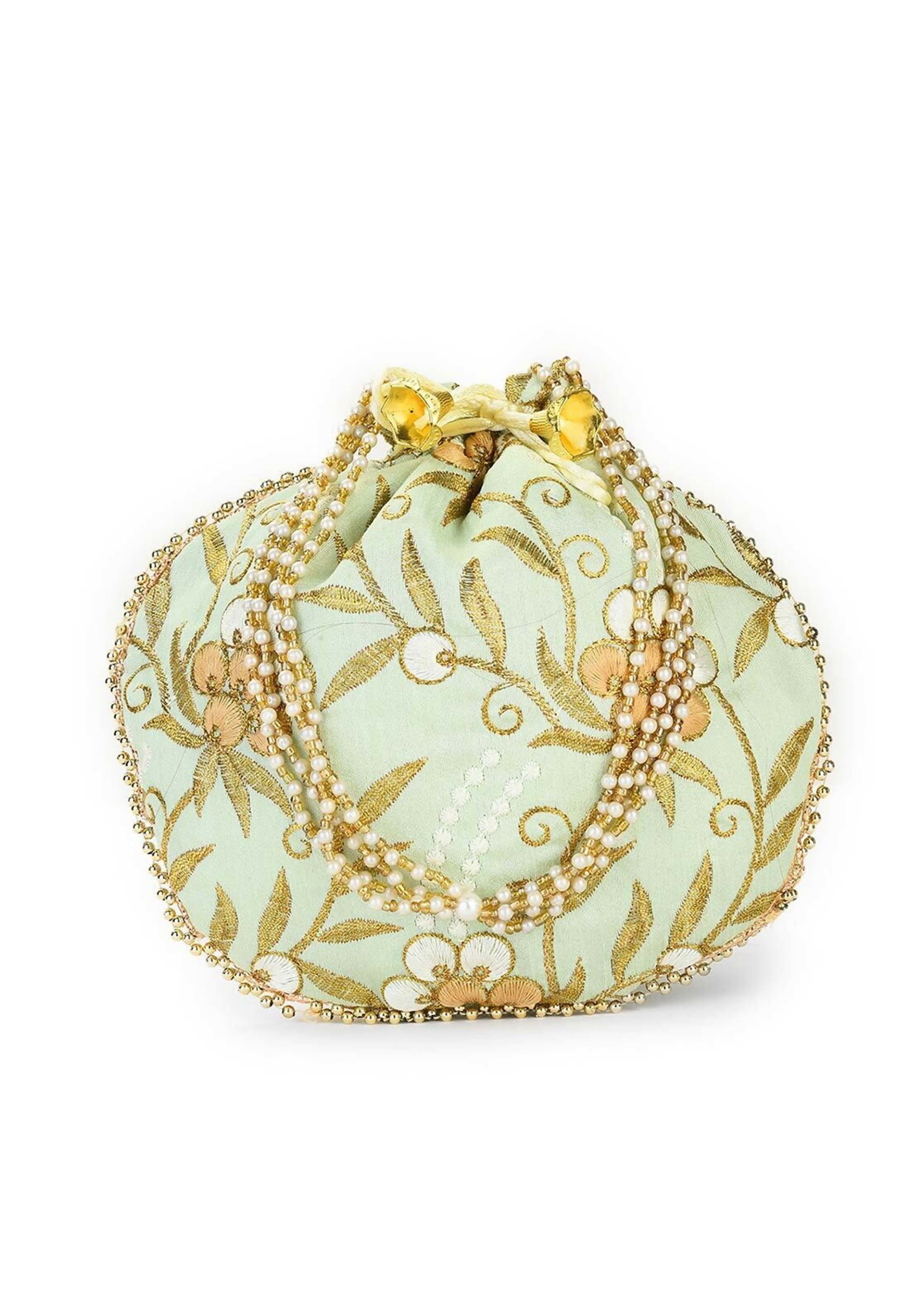 Light Ggreen floral embroidered satin potli clutch for formal occasions