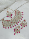 Dark Pink Stone Work Necklace Set with matching earrings and maang tikka