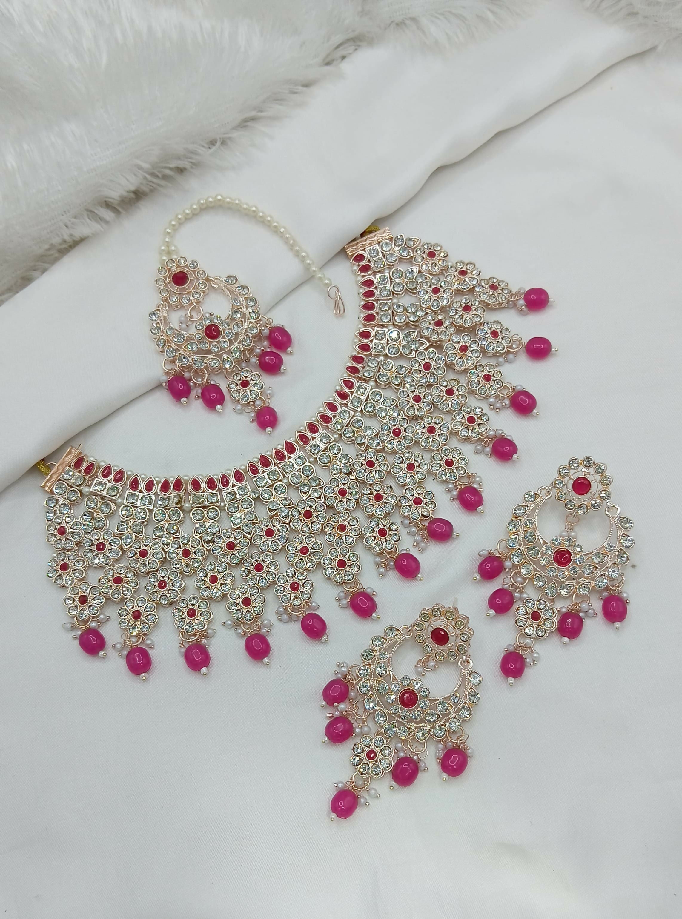 Dark Pink Stone Work Necklace Set with matching earrings and maang tikka