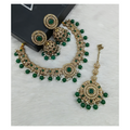 Green stone work necklace set with matching drop earrings, ideal for festive ethnic wear