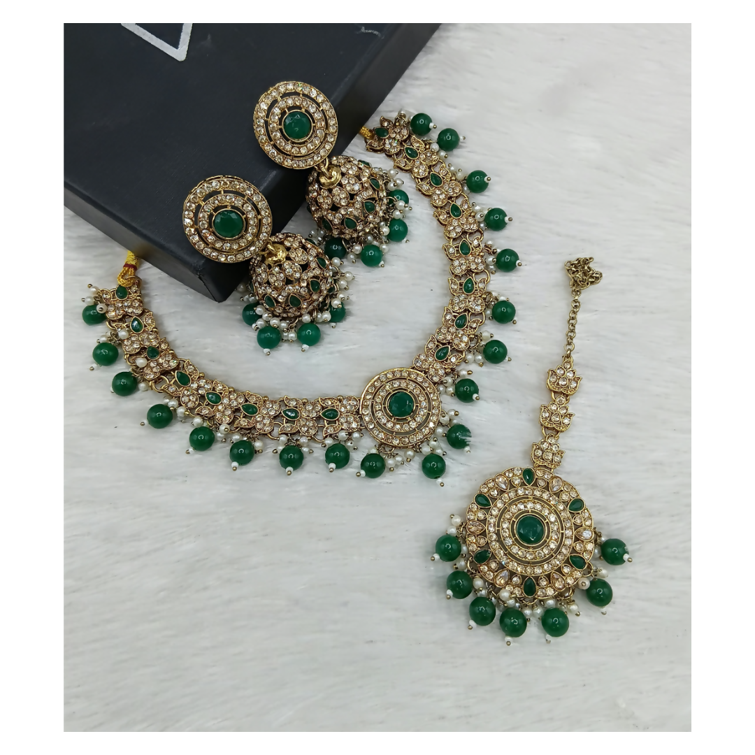 Green stone work necklace set with matching drop earrings, ideal for festive ethnic wear
