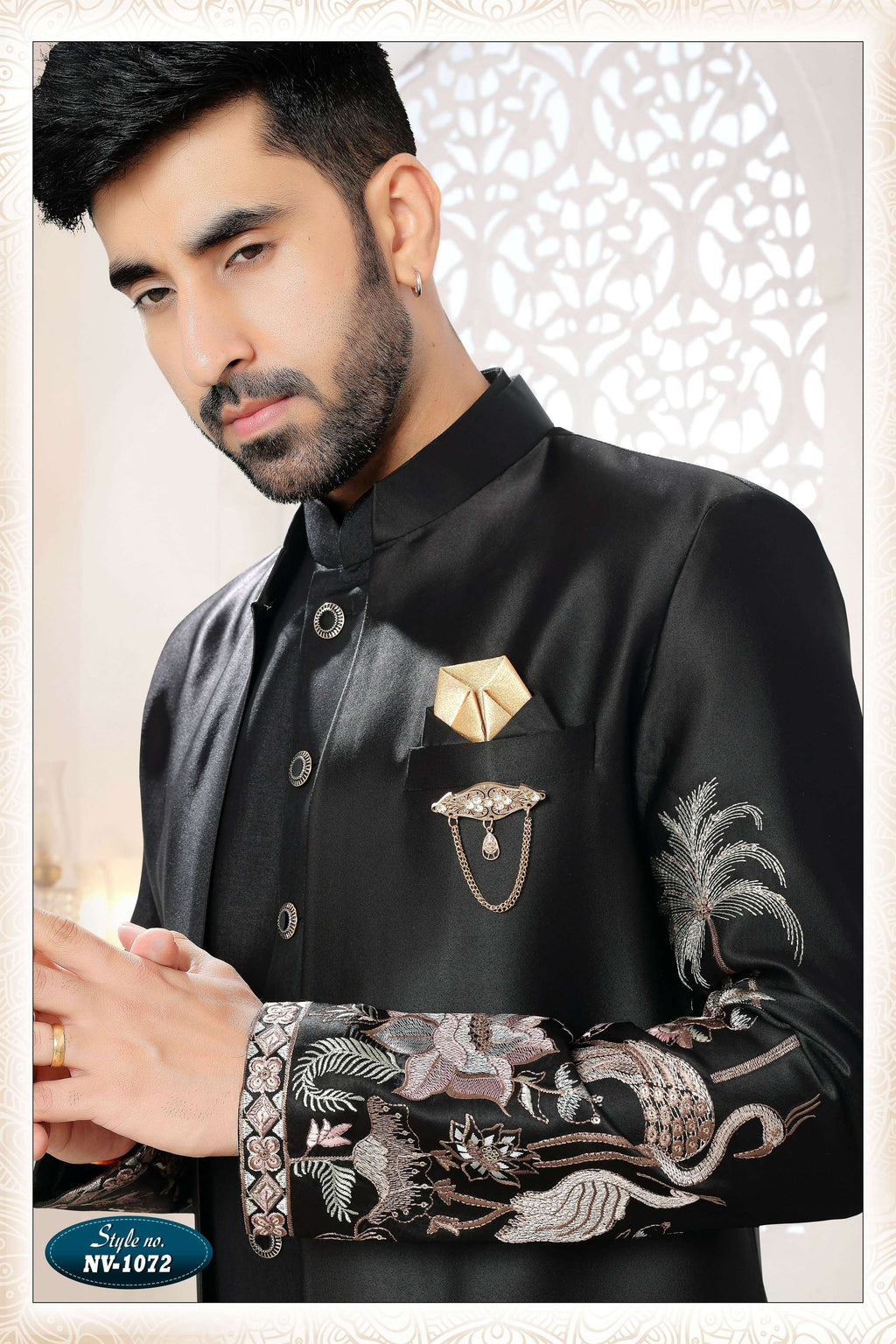Men's Black Malai Silk Kurta Set with Thread and Sequence Embroidery