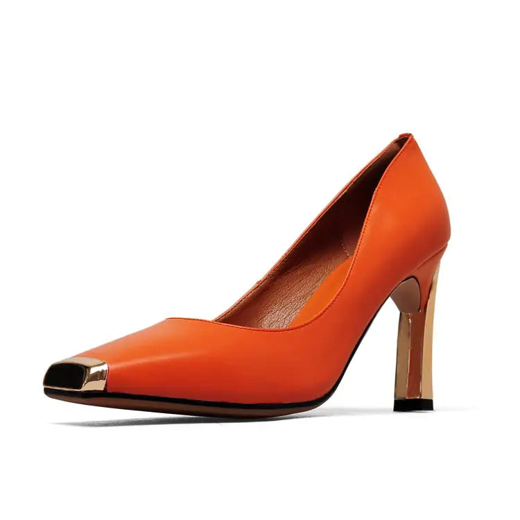 Women's Leather Square Toe Heels with Metallic Gold Heel and Tip - Image 4