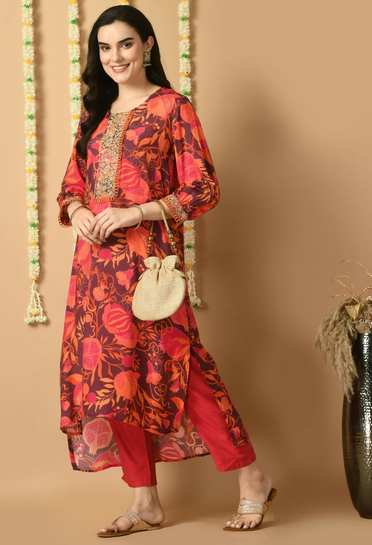Red Maslin Kurta Set with Cotton Bottoms - 2-Piece Ethnic Wear