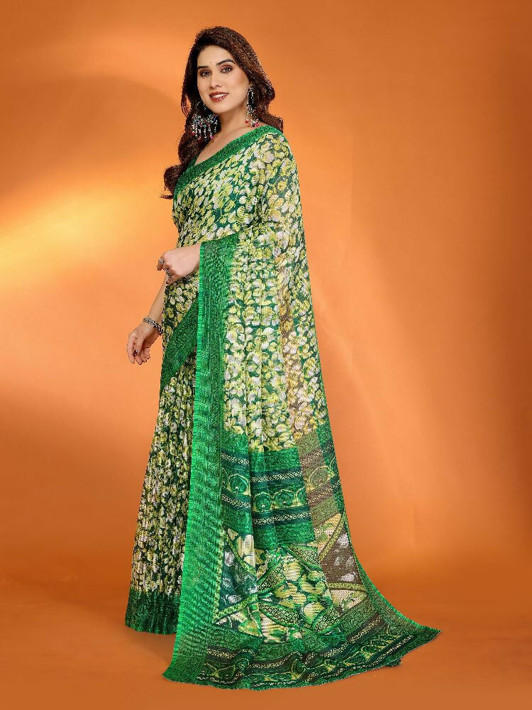Green Kota Doria Printed Saree with Matching Blouse