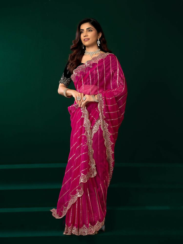 Rani Pink Net Party Wear Saree with Black Velvet Blouse