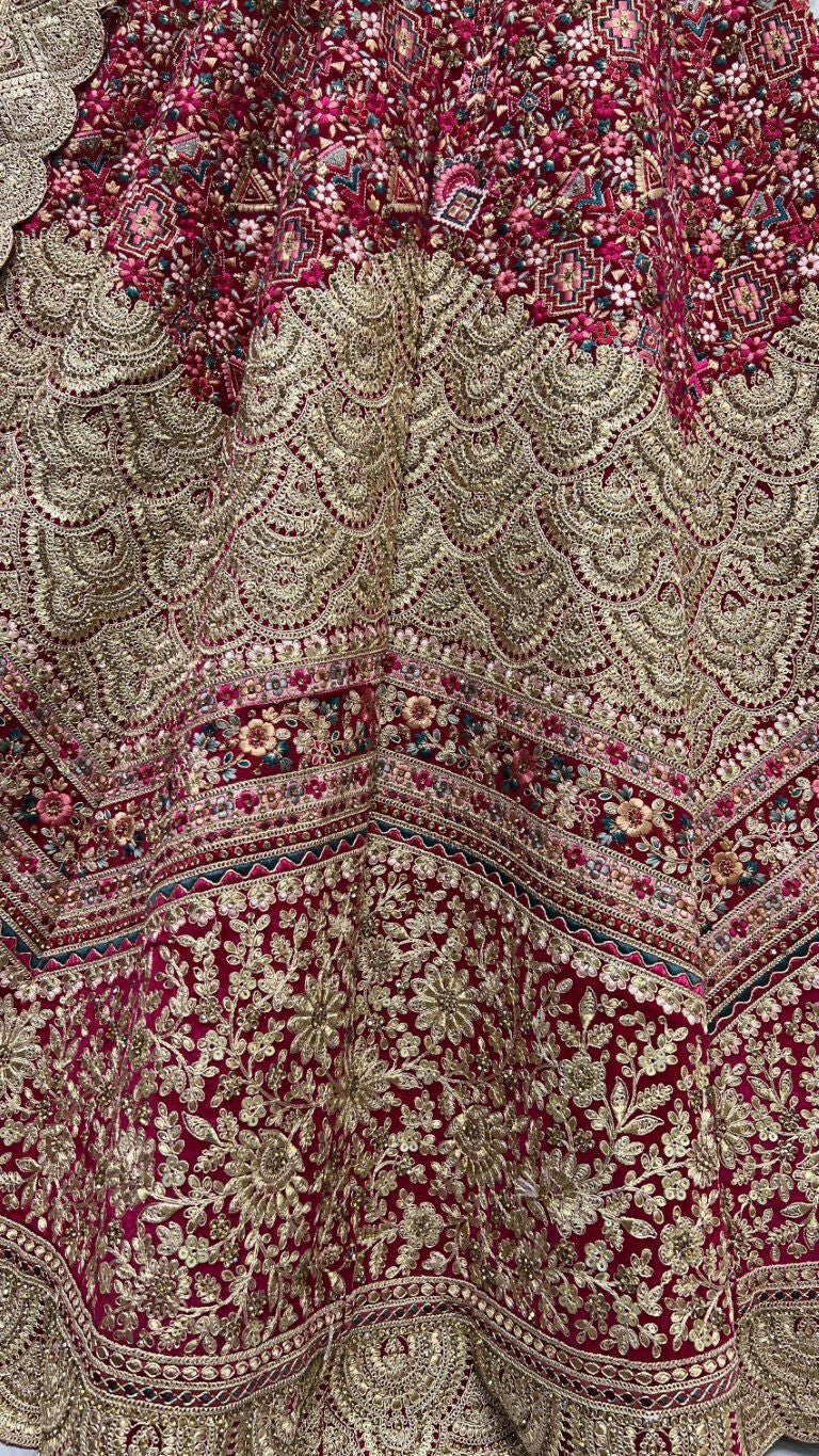 Rani Pink Velvet Wedding Lehenga Choli with Diamond Work