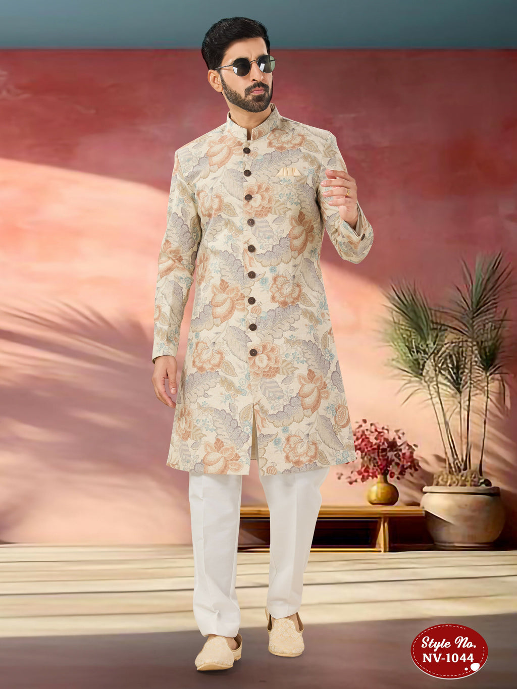 Men's beige multi-colour suede velvet self-design Indo-Western kurta set