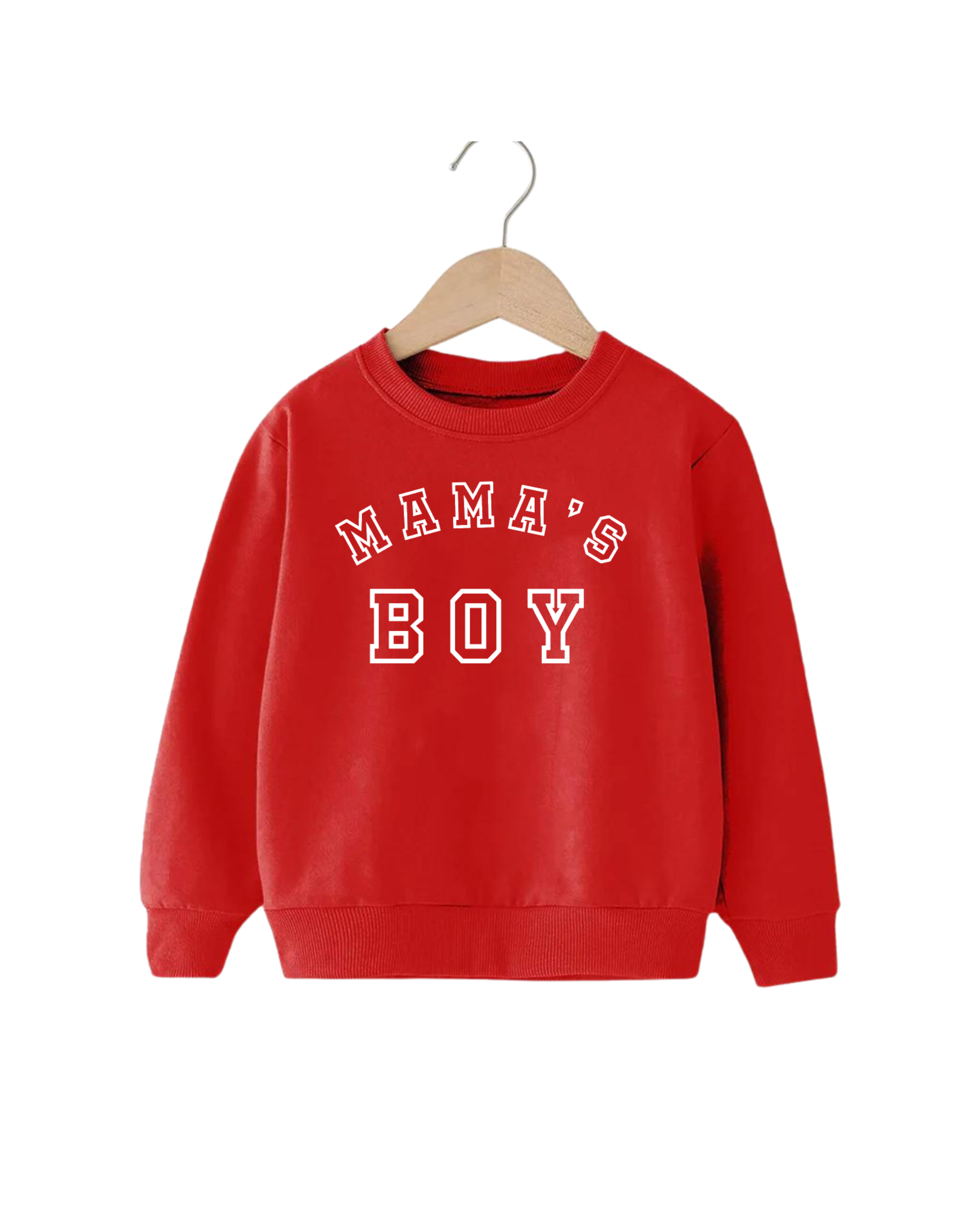 Toddler wearing a sporty Mama's Boy varsity sweatshirt in red, black, or beige.