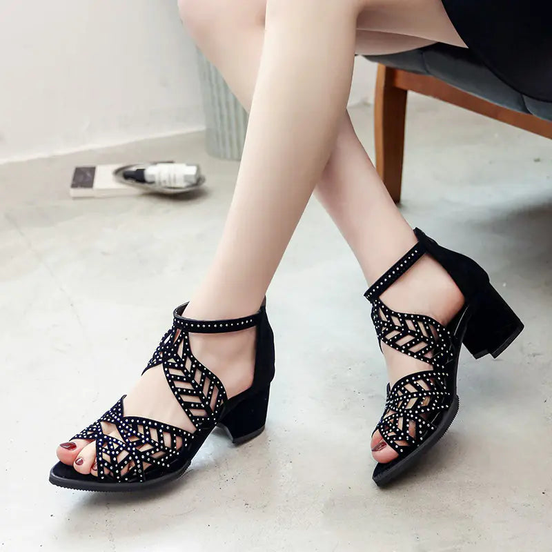 Women's Black Cutout Fish Mouth Sandals with Block Heels - Image 9