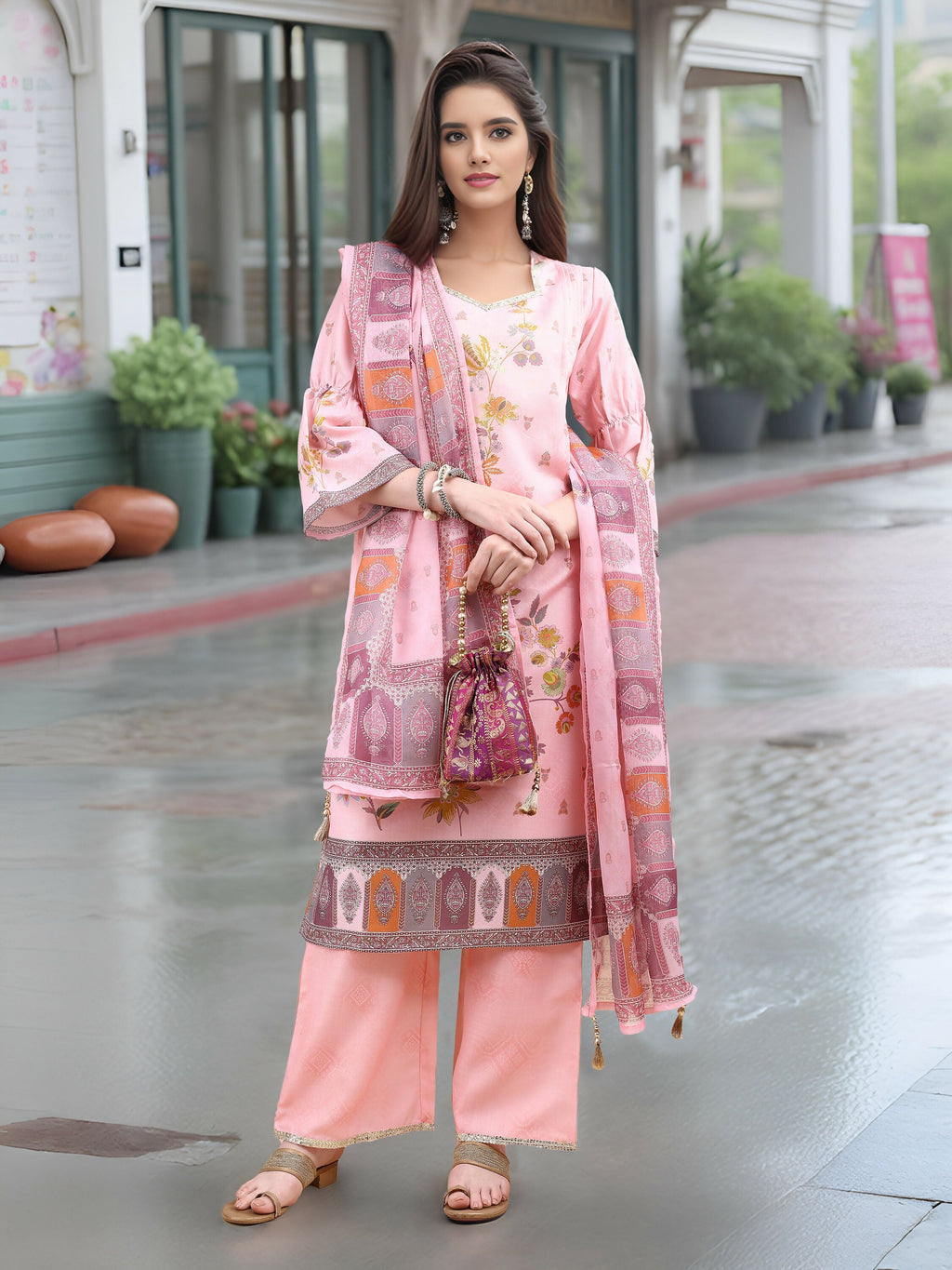 Pink Digital Print Kurta Set with Foil Detail for Women