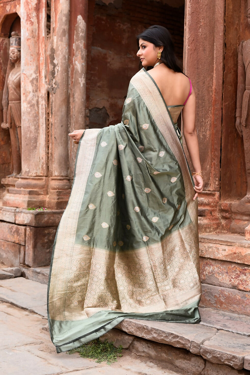 Dusty Olive Banarasi Katan Pure Handloom Silk Saree