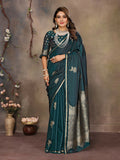 Teal satin silk Banarasi saree with beautiful floral patterns and an unstitched blouse