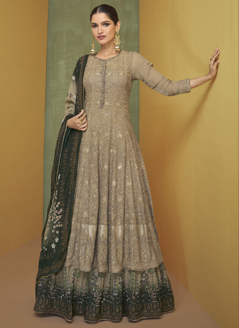 Beige Georgette A-line Anarkali salwar kameez with embroidery