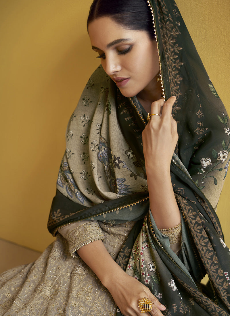 Beige Georgette A-Line Anarkali Salwar Kameez with Embroidery