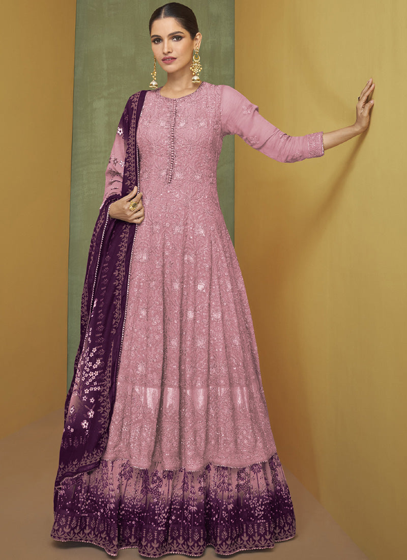 Pink georgette embroidered Anarkali Salwar Kameez set for formal events