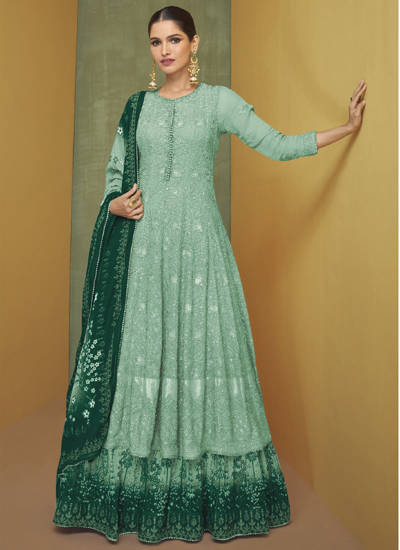 Turquoise Georgette Anarkali Salwar Kameez with detailed embroidery