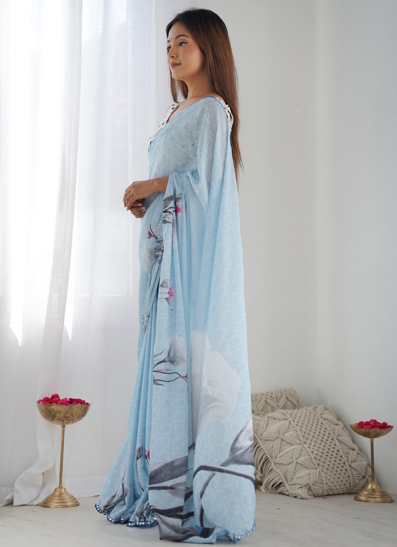 Sky Blue Chinon Silk Designer Saree with Mirror Work Border