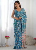 Rama Chinon Silk Saree with Print Work and Mirror Work Border