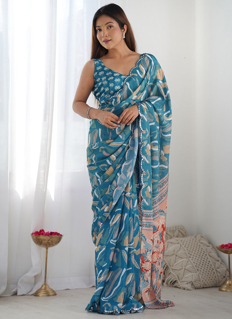 Rama Chinon Silk Saree with Print Work and Mirror Work Border