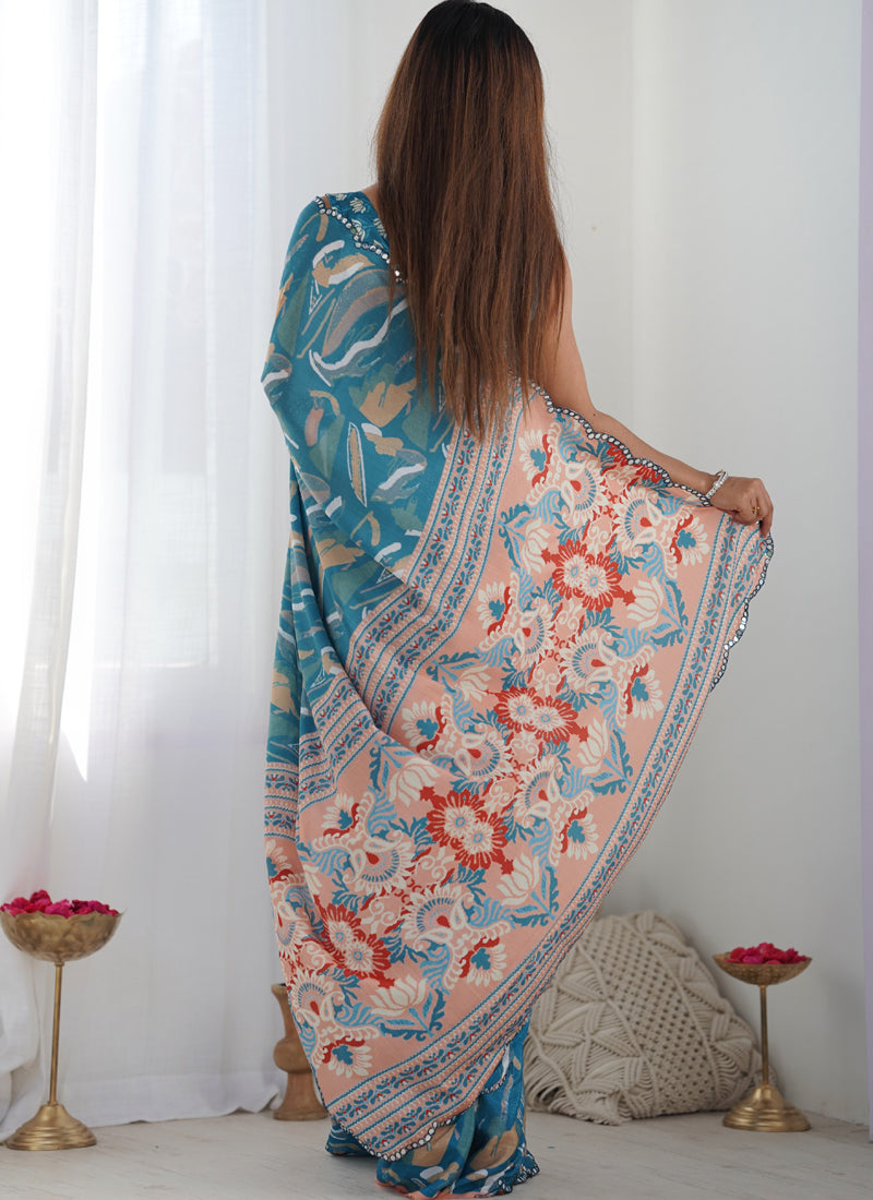 Rama Chinon Silk Saree with Print Work and Mirror Work Border