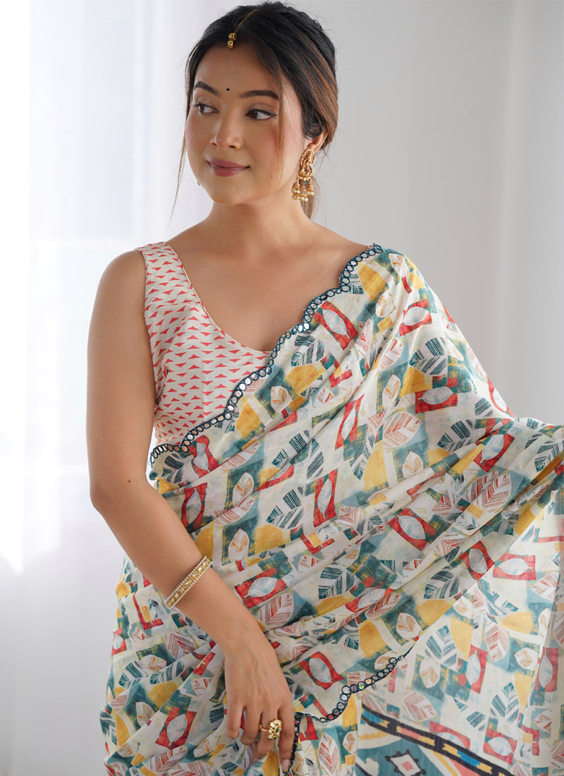 Off White Chinon Silk Saree with Mirror Work Border