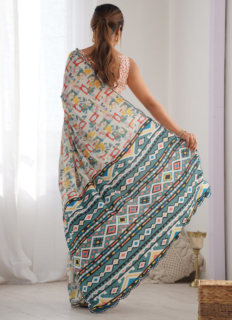 Off White Chinon Silk Saree with Mirror Work Border