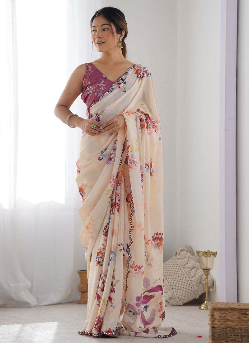 Cream Chinon Silk Saree with Mirror Work Border & Printed Design