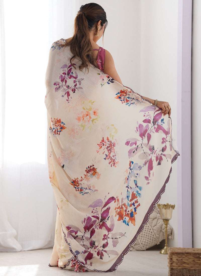 Cream Chinon Silk Saree with Mirror Work Border & Printed Design