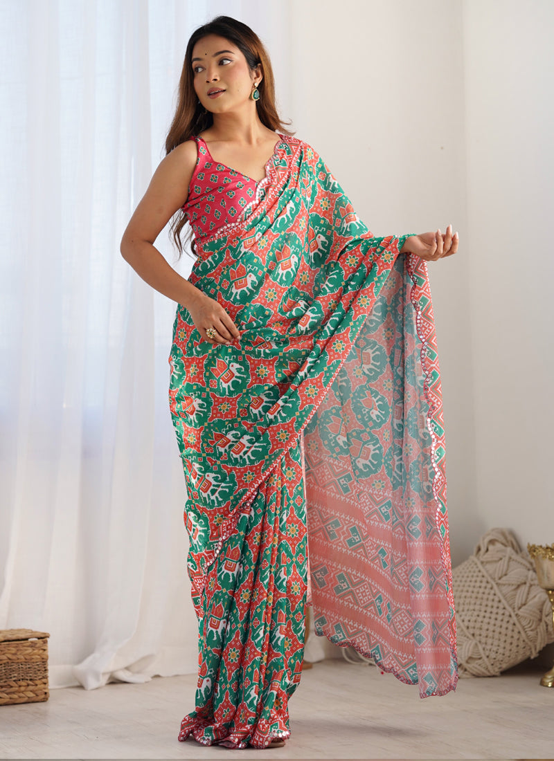 Multi-colored Chinon Silk designer saree with heavy mirror work embroidery on the border