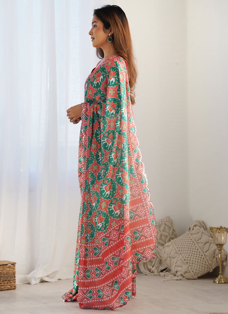 Multi Color Chinon Silk Saree with Mirror Work Border