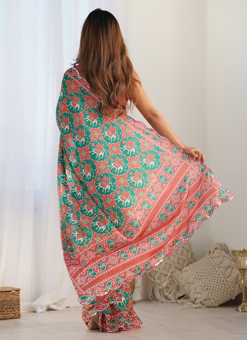 Multi Color Chinon Silk Saree with Mirror Work Border