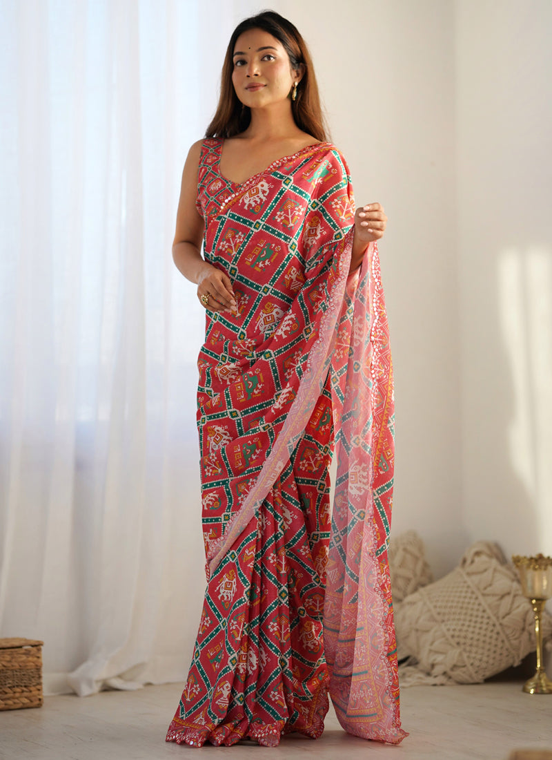 Red Chinon Silk Designer Saree with Mirror Work Border