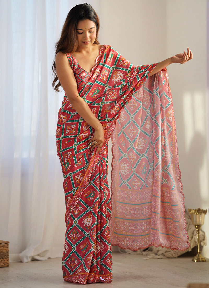 Red Chinon Silk Designer Saree with Mirror Work Border