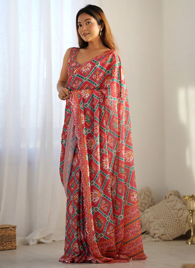 Red Chinon Silk Designer Saree with Mirror Work Border