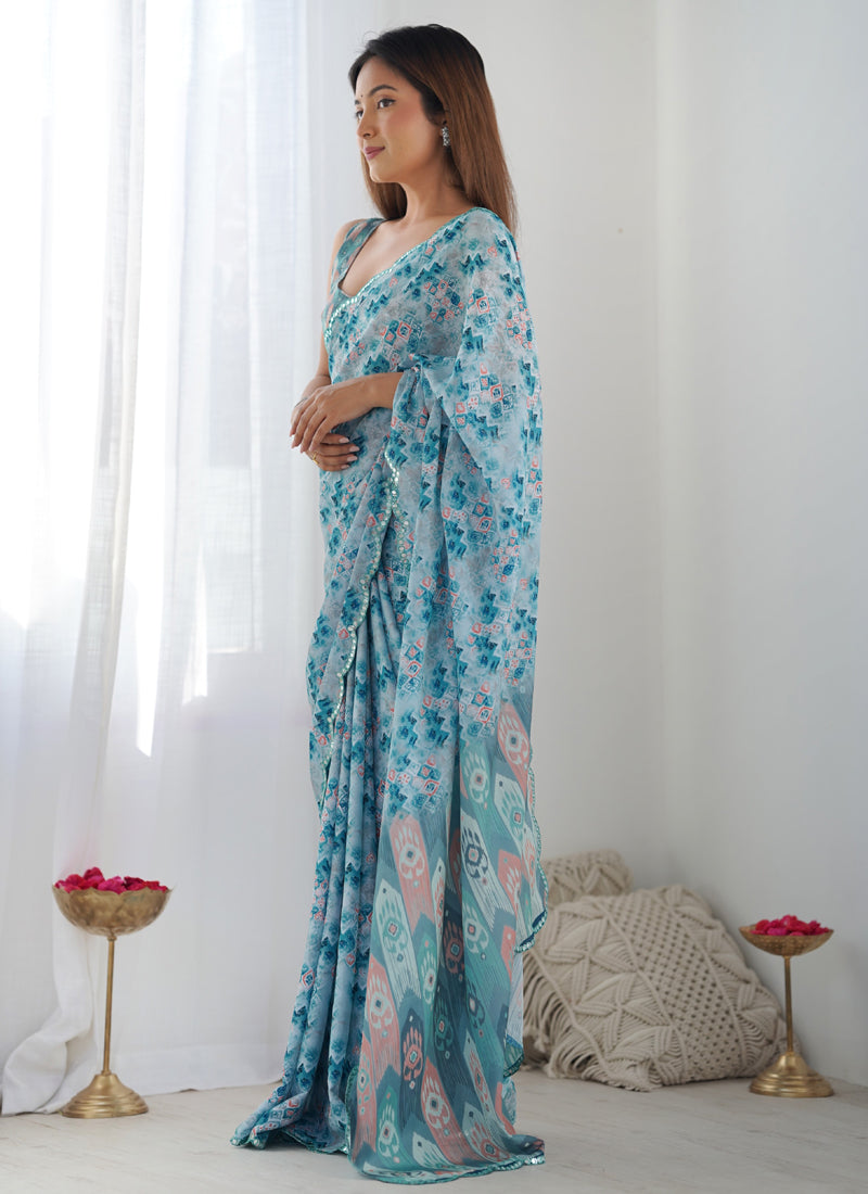 Sky Blue Chinon Silk Saree with Mirror Work Border