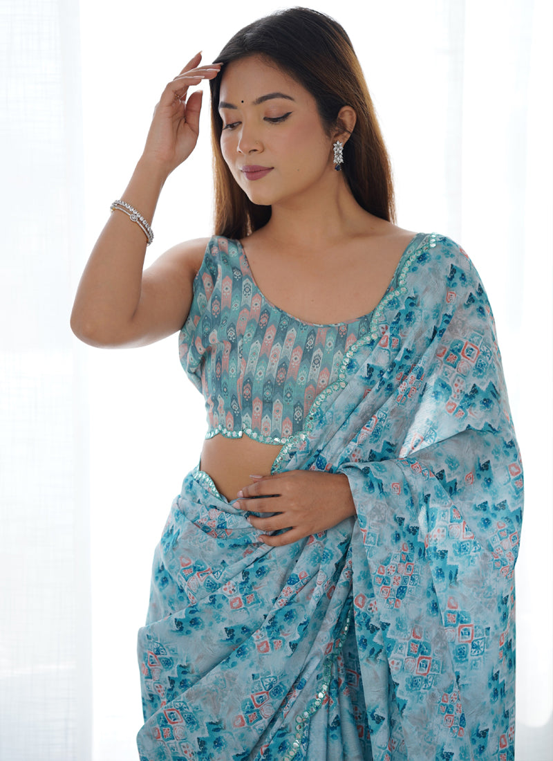 Sky Blue Chinon Silk Saree with Mirror Work Border