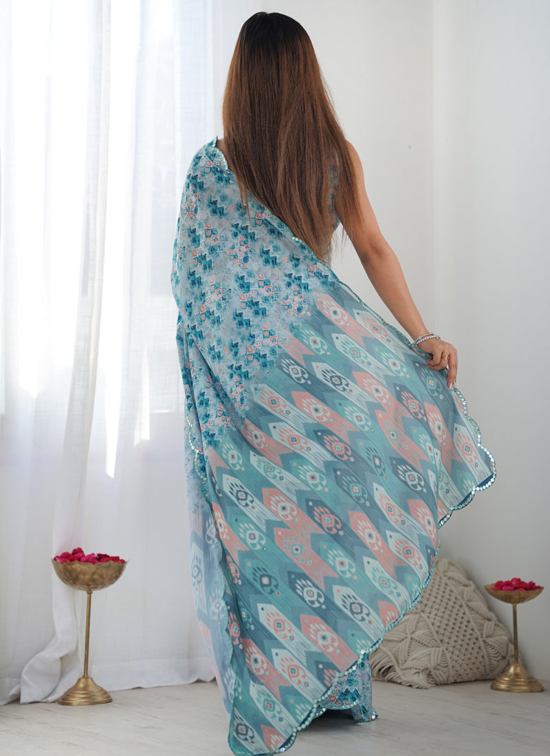 Sky Blue Chinon Silk Saree with Mirror Work Border