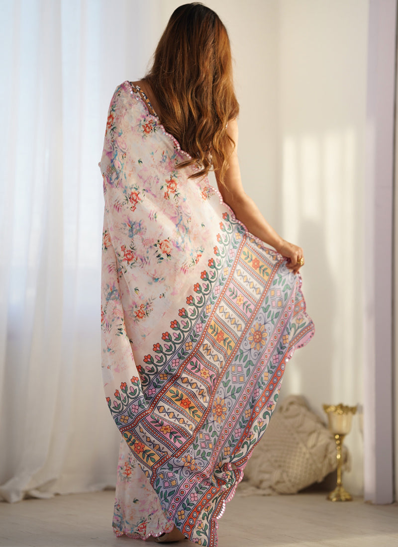Off White Chinon Silk Saree with Mirror Work Border