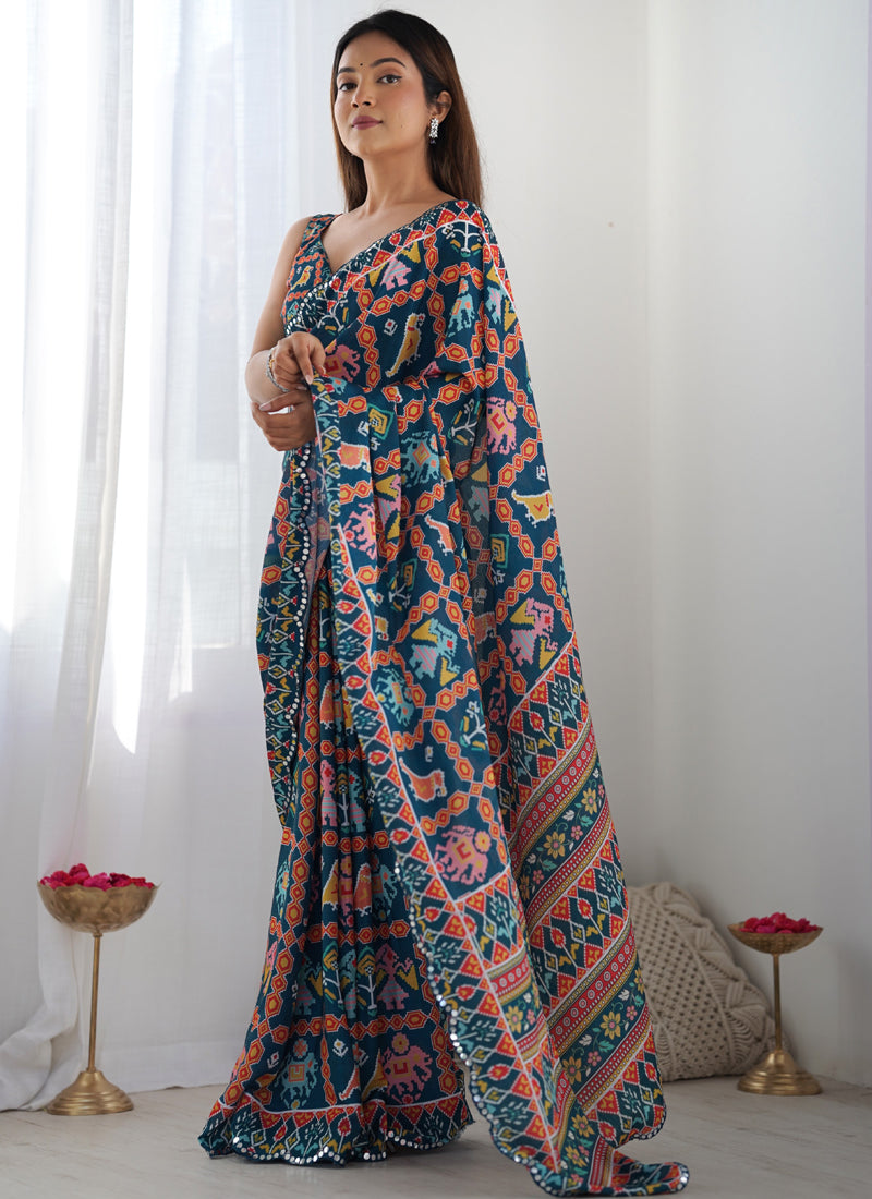 Blue Chinon Silk Saree with Mirror Work Border and Print