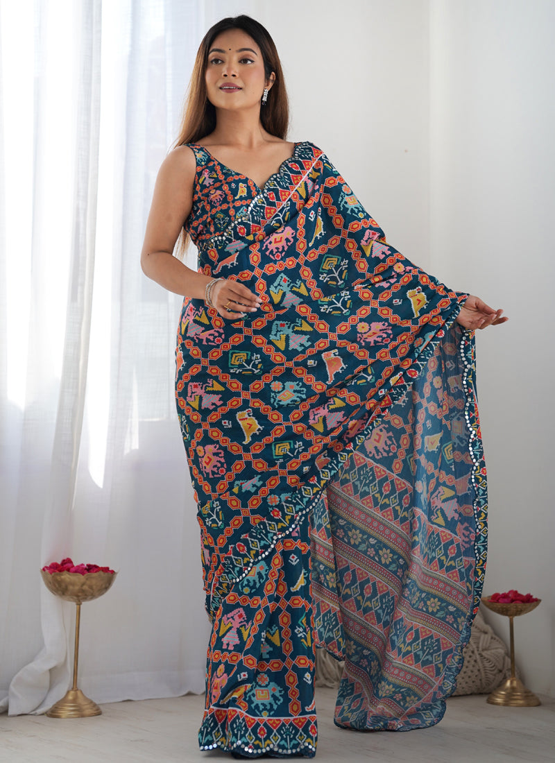 Blue Chinon Silk Saree with Mirror Work Border and Print
