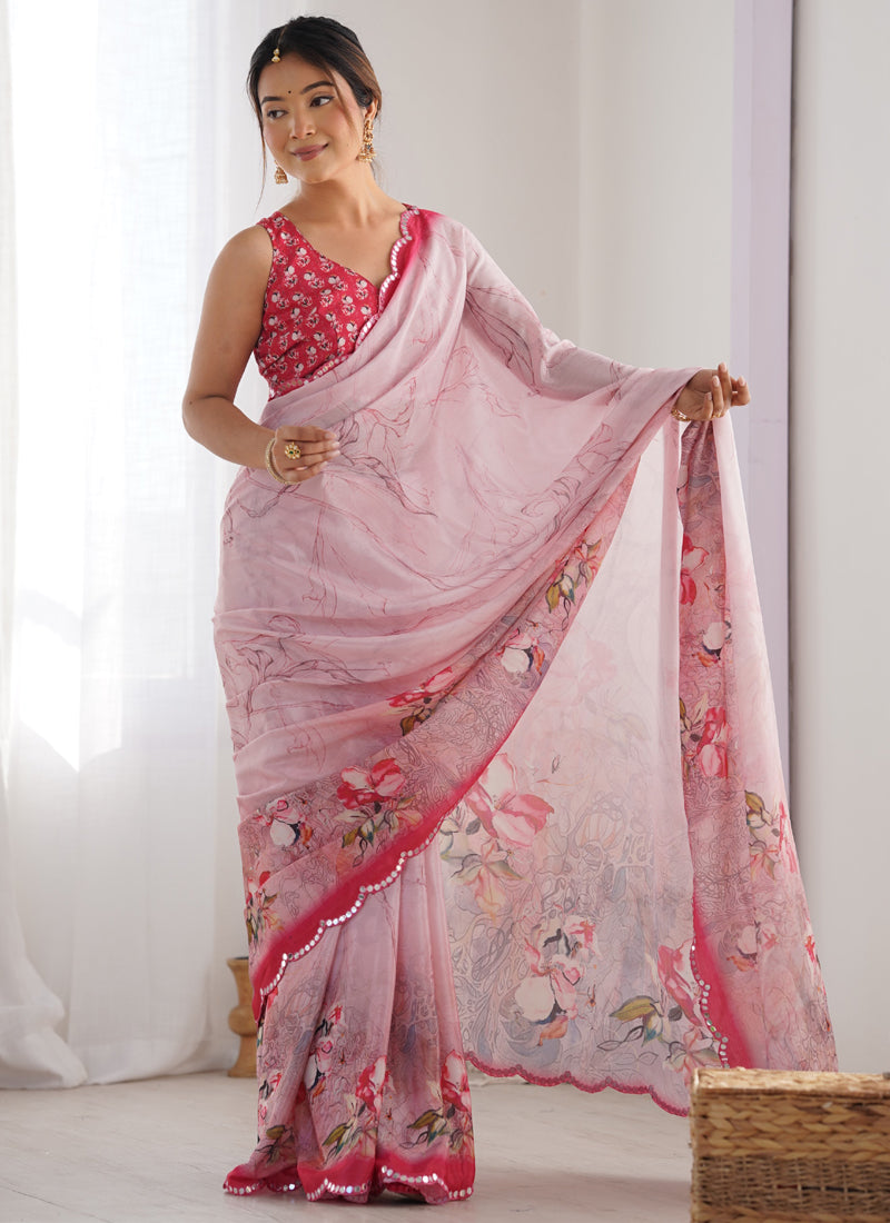 Baby Pink Chinon Silk Designer Saree with Mirror Work Border