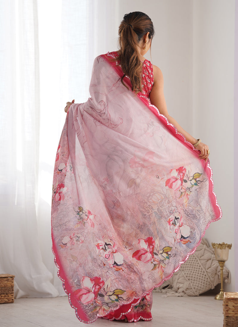 Baby Pink Chinon Silk Designer Saree with Mirror Work Border