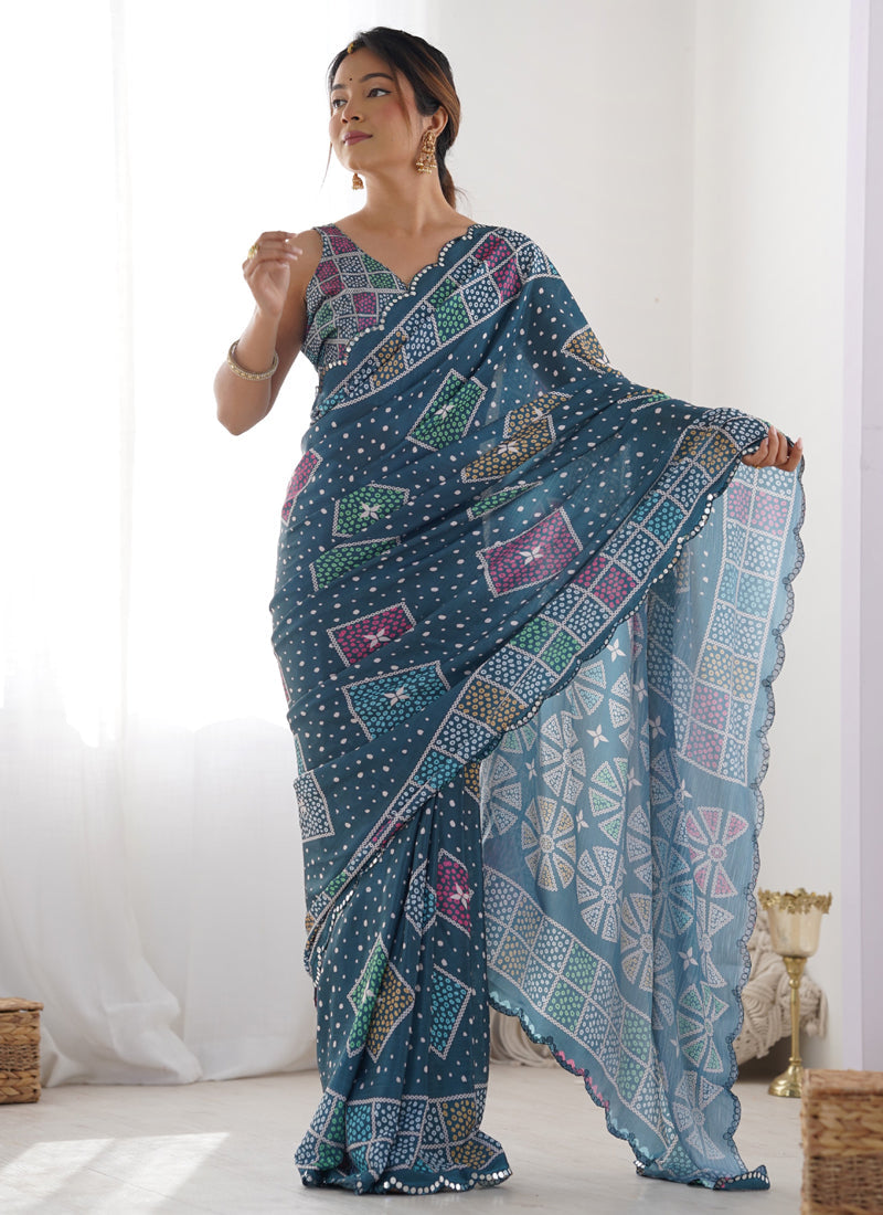 Blue Chinon Silk Saree with Mirror Work Border