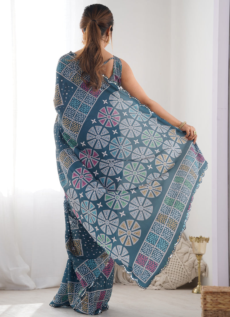 Blue Chinon Silk Saree with Mirror Work Border