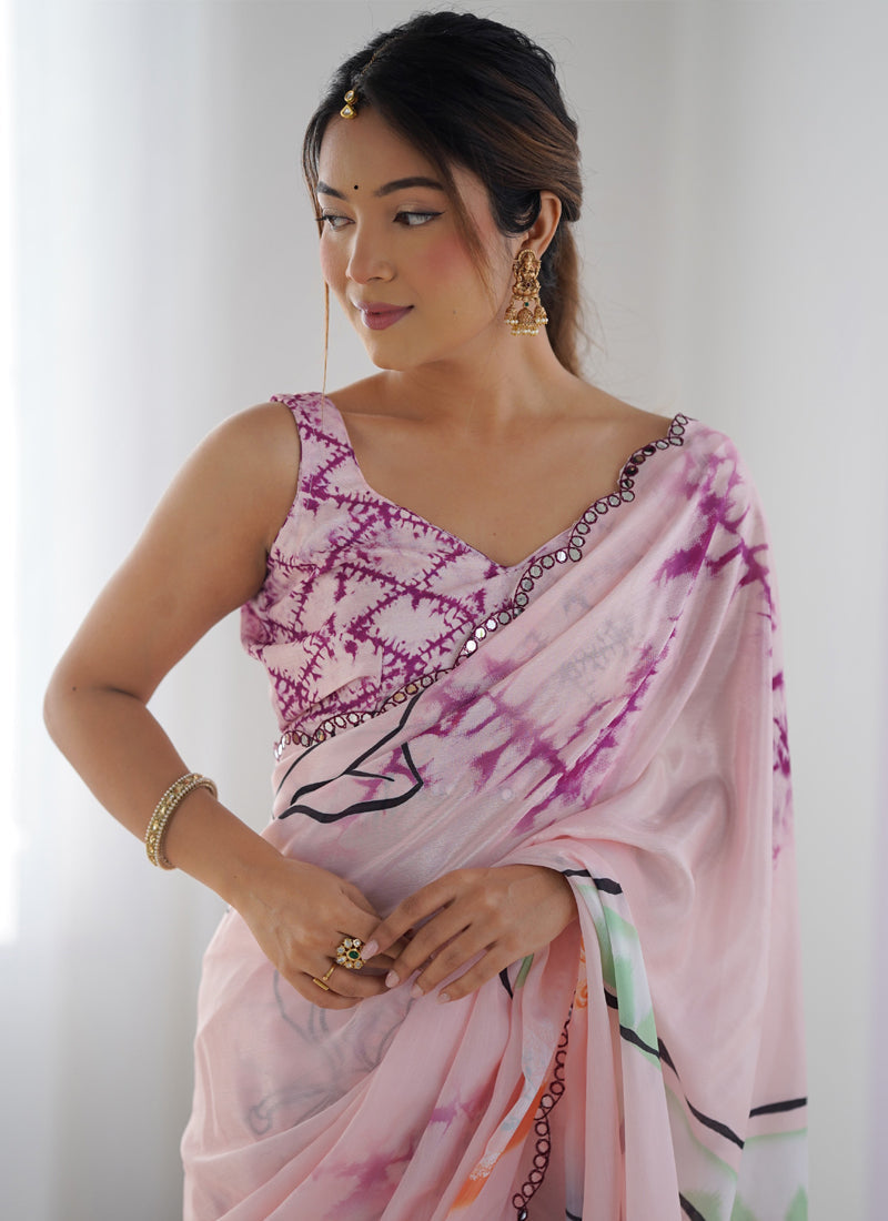 Baby Pink Chinon Silk Saree with Mirror Work Border for Girls