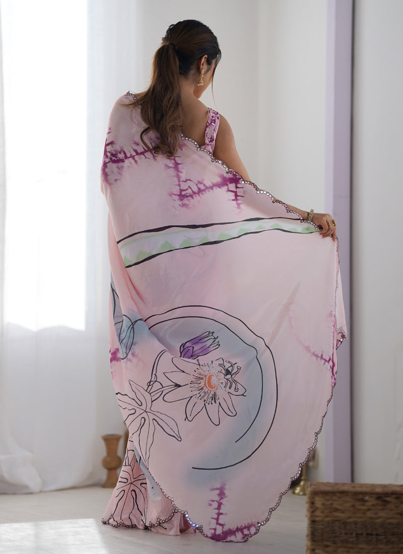 Baby Pink Chinon Silk Saree with Mirror Work Border for Girls